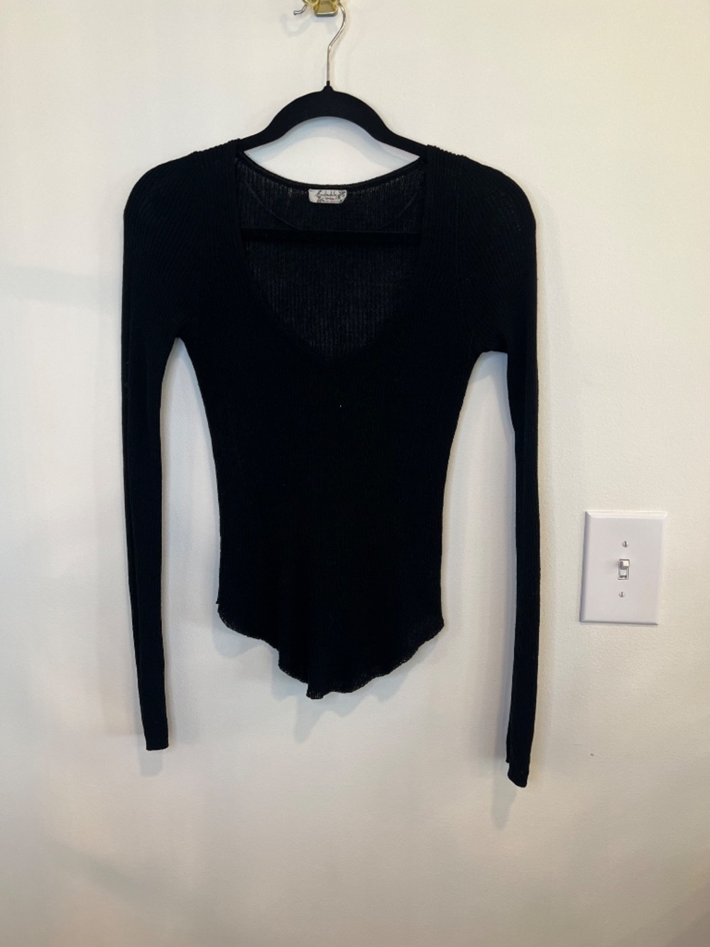 Free People Intimately Black Ribbed Long Sleeve Top Square Neck Fitted Boho Smal